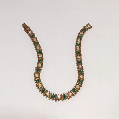 金色网球手链交替翡翠绿色和透明水钻 7 L — 第 1/4 张图片