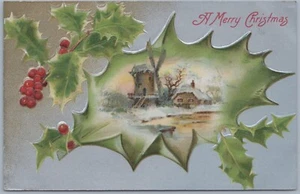 Feliz Navidad, escena de molino de viento de invierno, postal en relieve c1907 - Imagen 1 de 2