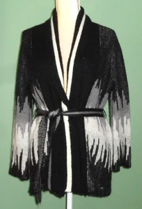 Curio Open Cardigan ~ Women XL ~ Black Gray Ivory Abstract ~ Belted - Picture 1 of 14