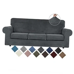  4 Pieces Velvet High Stretch Couch Covers for 3 Cushion Sofa Large Dark Grey - Picture 1 of 8
