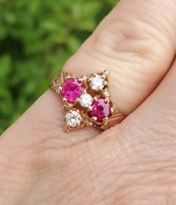 Vintage Victorian Real 14k Rose Gold Lab Created Ruby & CZ Ring Sz 4.25 ~ 2.67g - Image 1 of 4
