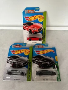 Hot Wheels Lot 3x Tesla Model S HW Workshop Red & Gray / HW Green Speed G55 - Picture 1 of 1
