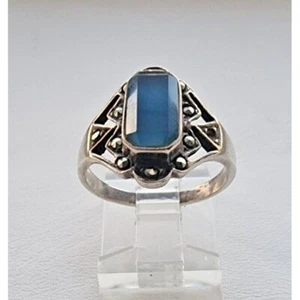 Vintage 925 Sterling Silver Created Blue Tourmaline And Marcasite Ring Size At - Picture 1 of 10