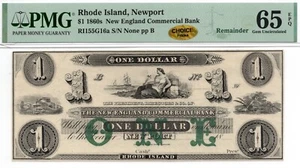 1860s $1 New England Commercial Bank, Rhode Island Obsolete - PMG 65 EPQ! GEM+ - Picture 1 of 4