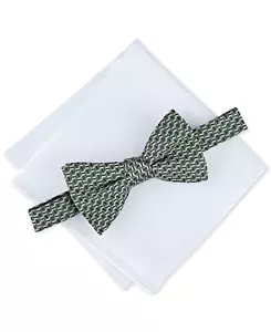 Alfani Men's Pre Tied Geometric Bow Tie & Solid Pocket Square Set Green - Picture 1 of 1