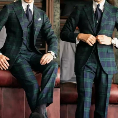 Green Plaid Men Suits Prom Groom Tuxedos Slim Fit for Business Wedding Custom - Image 1 of 4
