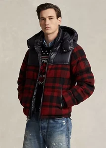 $598 Polo Ralph Lauren Men's SZ M Decker Hybrid Down Snap Hood Jacket Black Red - Picture 1 of 6