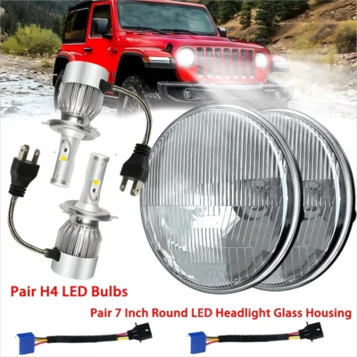 Par de faros LED redondos de vidrio de 7 pulgadas bombillas H4 para Jeep Wrangler JK LJ TJ CJ Foto 1 de 4
