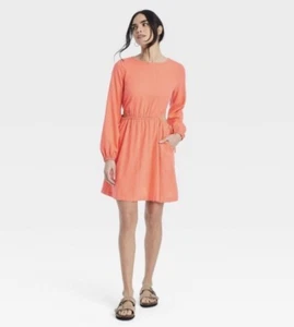 Universal Thread Women's XL Dress Balloon Long Sleeve Mini A-Line Coral Pink New - Picture 1 of 6