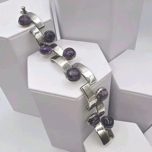 Vintage Taxco AAR Antonio Reina Modernist Sterling Silver Amethyst Bracelet 50g - Picture 1 of 13