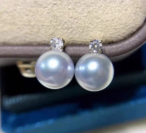 real Natural AAAA 12-13 mm South Sea Round white pearl Diamond earrings 18K Gold - Picture 1 of 4
