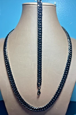 MEN Stainless Steel 10mm Black Plated Miami Cuban Curb Chain Necklace & Bracelet - Image 1 of 4
