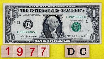 Vintage DC Series 1977 FRN Fancy Serial Number One Dollar Bill Miss CUT RARE 7s - Image 1 of 4