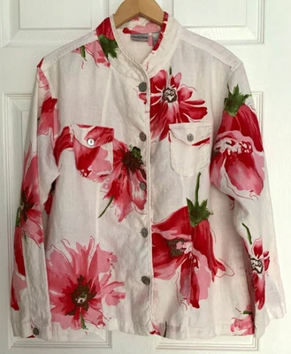 Chaqueta Ligera Chico’s Roja y Rosa Floral Suave Lino Cuello Banda - Talla XL Foto 1 de 3