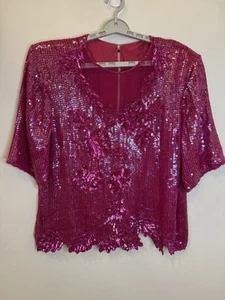 Vintage Pink Sequin Beaded India Top & Skirt Set V-Neck Glam 80s L/XL - Picture 1 of 18