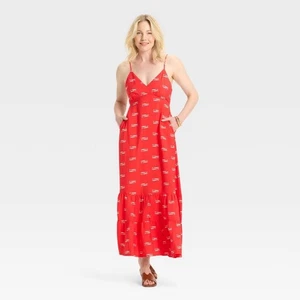 A New Day NWT Women's Open Back Maxi Dress Red White Fish Size S - Picture 1 of 11