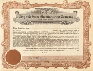 Certificado de stock de Clay and Stone Manufacturing Company Rock Island Illinois - Imagen 1 de 1