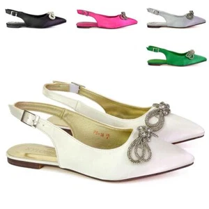 Womens Flat Diamante Bow Slingback Ladies Pointed Toe Bridal Satin Shoes Size - Picture 1 of 52