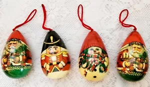 4 Santa Christmas Ornaments Egg Paper Mache Old World Decoupage Shellac Vtg - Picture 1 of 10