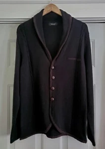 Zara Man Black Wool-Blend Cable Knit Cardigan Faux Suede Trim Size M - NEW - Picture 1 of 3