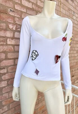 VERSACE Vintage 90s Viscose Top Bold Embroidery White Rare Dice Design SZ M❤️🎲 - Изображение 1 из 4