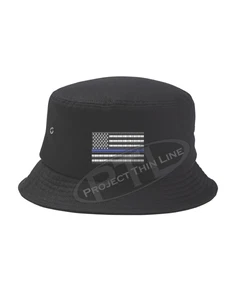 Thin BLUE Line American Flag Police Law Enforcement Bucket Fisherman Hat - Picture 1 of 7