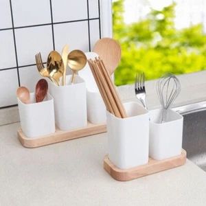 Wood Base Kitchen Utensil Holder 2/3 Divided Cutlery Drain Rack Forks - Picture 1 of 14