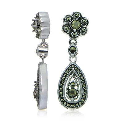 Sterling Silver Marcasite Teardrop and Flower Dangle Earrings - Image 1 of 4
