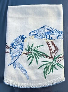 Vtg Embroidered Parrots Tropical Birds Vine Dresser Scarf Table Runner 17" x 36” - Picture 1 of 6