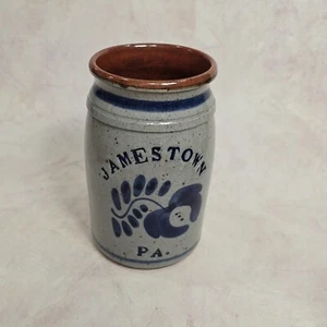 Vtg Signed 6.5" Tall Salt Glaze Pottery Blue Stoneware Crock - Jamestown  PA - Picture 1 of 8