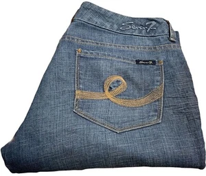 Pantalones de mezclilla Seven 7 corte bota talla 31 (34x33) tiro bajo bolsillos bordados oscuros elásticos - Imagen 1 de 12