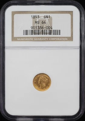 1853 LIBERTY HEAD GOLD DOLLAR $1 NGC MS64 (PQ064) - Image 1 of 4