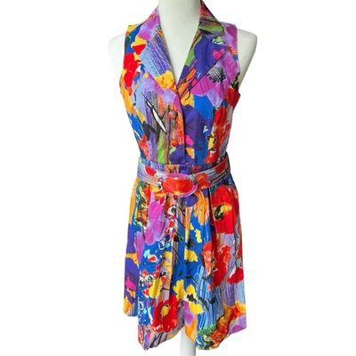 Spense Dress Womens Sz 6 Artsy Bright Avante Guard Collared Belt Pockets Midi - Image 1 of 4