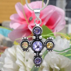 Faceted Amethyst Citrine Topaz Gemstone Cross 925 Sterling Silver Beauty Pendant - Picture 1 of 8