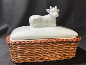 Vintage Cow Butter Dish w/ basket White Ceramic Farmhouse Decor Large Size - Picture 1 of 5