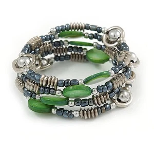 Multstrand Glass, Shell, Acrylic Bead Coiled Flex Bracelet (Green, Hematite, - Picture 1 of 5