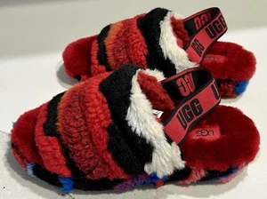 UGG Fluff Yeah Cali Collage Women 7 Slide Slippers Red Multi Sheepskin Clean EUC - Picture 1 of 11