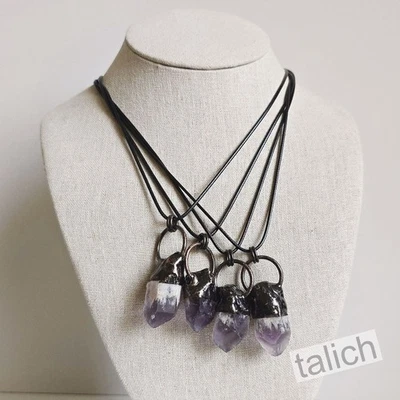 Lot of 4 Rough Amethyst Crystal Point Antique Bronze Black Cord Necklace Unique! - Image 1 of 4