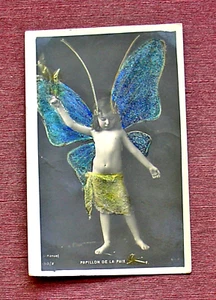 LITTLE GIRL DRESSED AS BUTTERFLY STAGE PLAY PEACE TINTED REAL PHOTO BY H. MANUEL - Picture 1 of 2