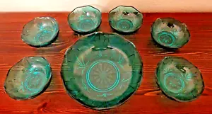1x Set of 7 Pieces Dessert Dishes+Large Fruit/Trifle Dish - Turquoise Glassware - Picture 1 of 7
