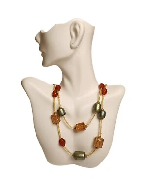 Collar de cuentas de vidrio verde ámbar miel con semillas y cuentas de madera Foto 1 de 4