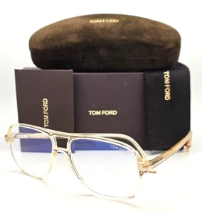 New TOM FORD Eyeglasses TF 5737-B 045 56-15 Light Brown Frames Blue Block Lenses - Picture 1 of 16