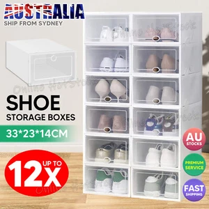 12Pcs Shoe Box Storage Case Clear Boxes Foldable Stackable Transparent Organizer - Picture 1 of 12