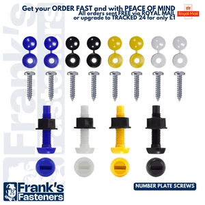 NUMBER PLATE FIXING FITTING KIT SCREWS & CAPS WHITE YELLOW BLACK BLUE CAR AUTO - Picture 1 of 6