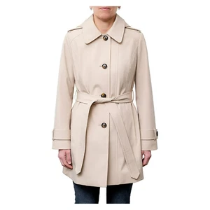 London Fog Women's Large Single Breasted Waist Belt Hooded Trench Coat - Stone L - Picture 1 of 6