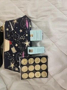 Estee Lauder Navy w/Gold trim & astrological stickers cosmetic Bag And Two Cream - Picture 1 of 2