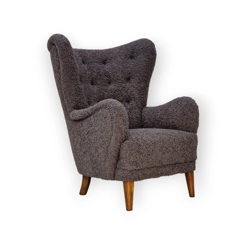 60s, Danish design, refurbished high-back armchair, gray imitation lambskin Cover