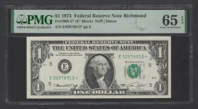 United States-Federal Res One Dollar 1974 Fr#1908-E* (E* Block) UNC Grade 65 - Image 1 of 2