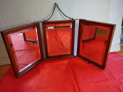 Antique Tri-Fold 3 panel beveled mirror/wood frame & Leather backing Cover
