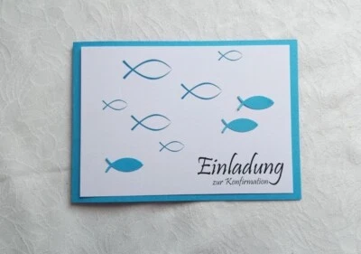 5x Einladung zur Konfirmation blaue Doppelkarten mit Fische + Umschlag - Bild 1 von 3